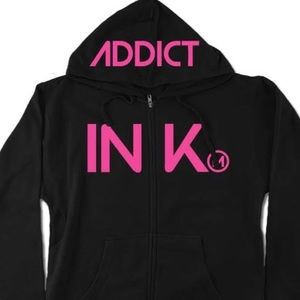 Womens lightweight zip up hoodie with thumb holes grey/black with pink writing